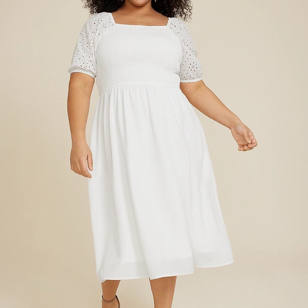 White Square Neck Smocked Midi Dress with Eyelet Sleeves